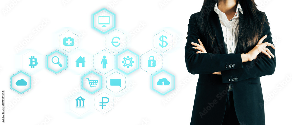 Poster closeup of a businesswoman with crossed arms, standing on the right side. technology icons arranged 