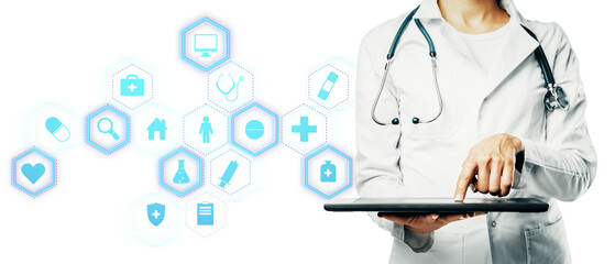 Medical professional uses tablet, futuristic medical icons surrounding, isolated on white background. Concept of healthcare technology. 3D Rendering