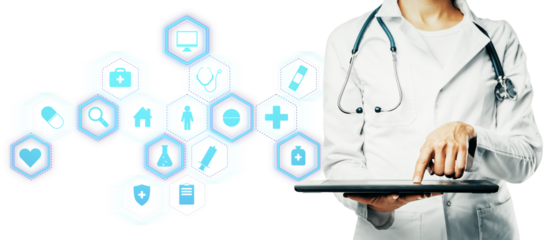 Medical professional uses tablet, futuristic medical icons surrounding, isolated on white background. Concept of healthcare technology. 3D Rendering