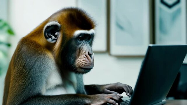 A thoughtful monkey intensely studying a laptop screen, conveying curiosity and focus, set against a simple indoor background, perfect for educational themes.