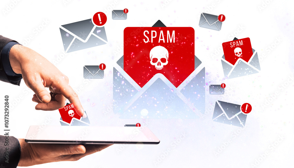 Poster A businessperson's hand interacting with a tablet, displaying multiple spam emails with warning symbols. Isolated on white background. 3D Rendering