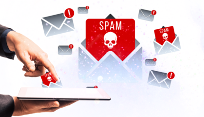 A businessperson's hand interacting with a tablet, displaying multiple spam emails with warning symbols. Isolated on white background. 3D Rendering