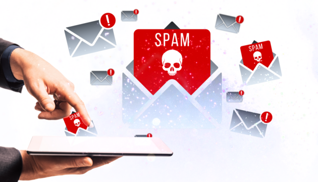 A businessperson's hand interacting with a tablet, displaying multiple spam emails with warning symbols. Isolated on white background. 3D Rendering