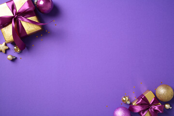 Christmas decorations with gold gift boxes and ornaments on purple background. Ideal for holiday-themed content, Christmas promotions, and seasonal marketing materials