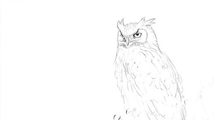 Obraz premium Detailed line art of an owl perched, intricate feathers and wise gaze drawn on white