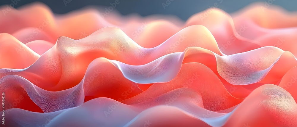 Poster a close-up view of soft, flowing layers of translucent coral waves, creating a dreamy and abstract b