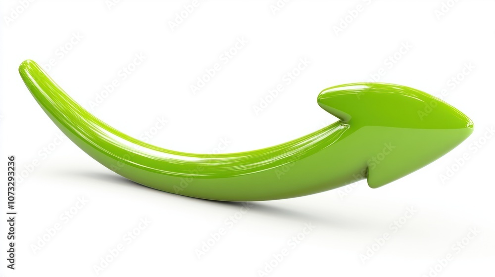 Poster green arrow with a smooth curve, isolated on white, representing progress