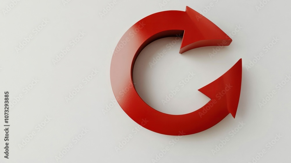 Poster red arrow in a circular loop, isolated on white, indicating repeat