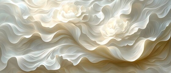 A mesmerizing abstract art piece featuring soft, flowing waves in neutral tones with delicate floral shapes emerging, creating a serene and harmonious atmosphere.