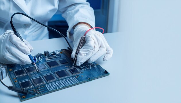 Worker wearing gloves testing electronic components with specialized equipment, electronic testing, quality verification,aligh center