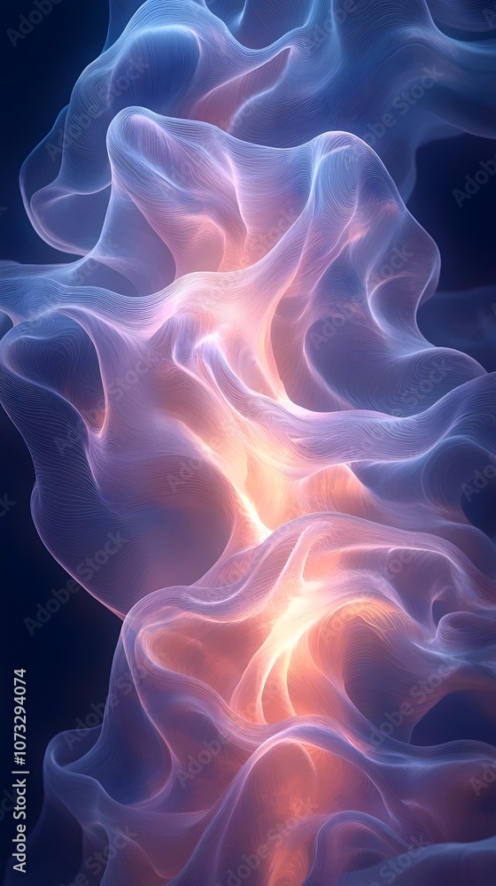Poster a mesmerizing abstract image featuring organic forms in soft, flowing shapes. the interplay of light