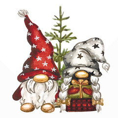 Vector freehand stylized watercolor illustration of cute scandinavian Christmas tree and gnomes. Hygge xmas watercolour hand drawn.