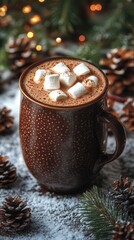 Stock photo of a cozy cup of hot chocolate with marshmallows, surrounded by pine branches and pinecones, winter forest in the background, space for text on the left