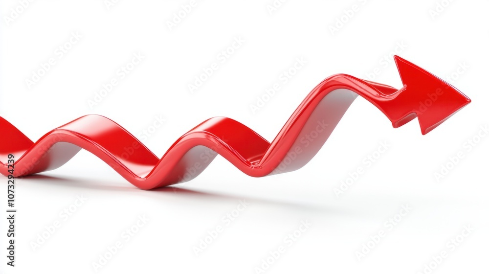 Poster red arrow pointing in a downward curve, isolated on white, showing decline