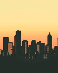 stylized city skyline at sunset, pastel tones for buildings and sky, soft silhouettes