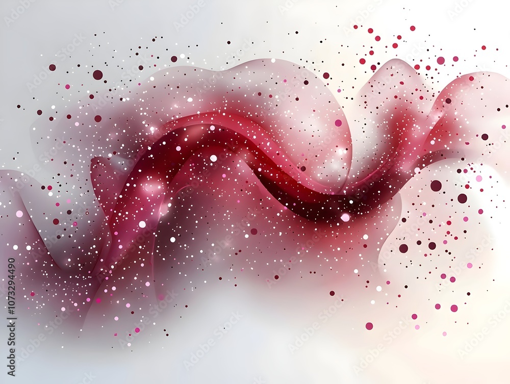 Poster an abstract design featuring flowing waves of deep red and pink hues, adorned with shimmering dots t