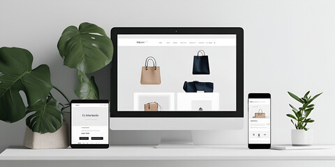 E-commerce website showcasing product catalog on devices, Online shopping platform displayed on computer, tablet, and phone
