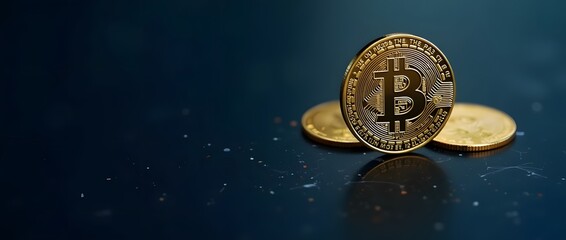 Stacked Bitcoin Coins on Dark Blue Background - Cryptocurrency Investment Concept