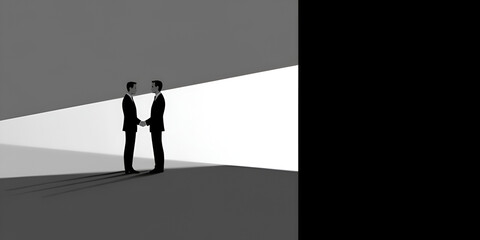 Obraz premium Business Professionals Shaking Hands in Minimalist Setting - Minimalist black and white illustration showing two business professionals shaking hands, symbolizing partnership and cooperation