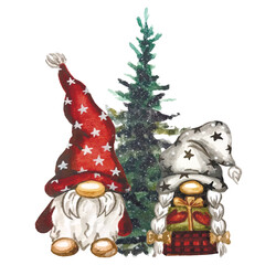 Vector freehand stylized watercolor illustration of cute scandinavian Christmas gnomes. Hygge xmas watercolour hand drawn.