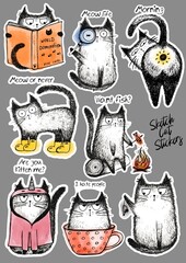 Stickers pack illustration sketch of funny cats