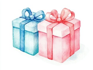 Obraz premium Colorful watercolor gift boxes with bows on a white isolated background.