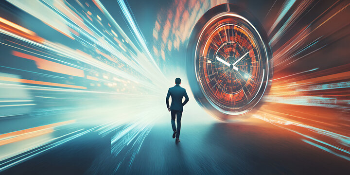 A man walks towards a giant clock in a futuristic, neon-lit tunnel. The image symbolizes time, progress, and the future. Perfect for concepts of time management, productivity, and future technology.
