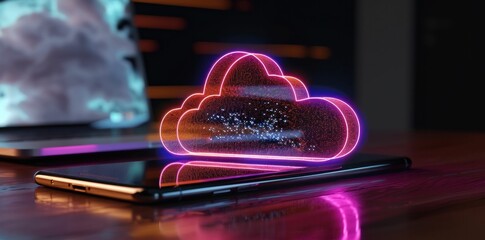 cloud computing, technology, smartphone, neon colors, digital transformation, modern design, cloud storage representation, glowing effect outlined in pink and blue