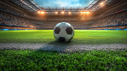 soccer ball on stadium with night light soccer stadium background, soccer ball background for web design or gaming