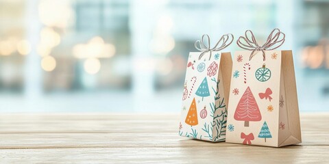 Biodegradable gift bags with Christmas designs, sustainable holiday gifting, 3D illustration