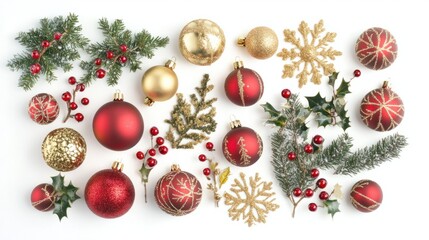 Christmas flat lay with gold and red baubles, snowflakes, and holly, isolated on white