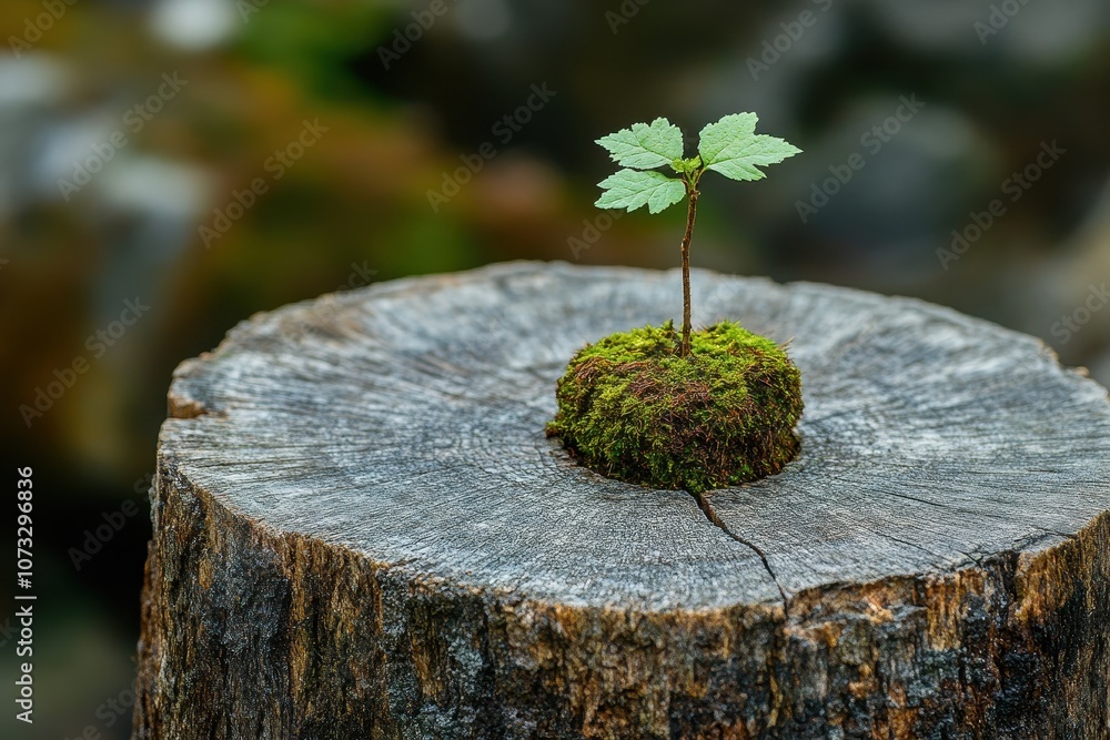 Poster a small tree sprout grows from a tree stump. this image is perfect for representing new beginnings, 