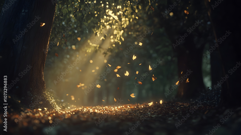 Poster A serene forest scene with rays of sunlight filtering through trees, illuminating softly falling leaves in a tranquil, nature-filled atmosphere.