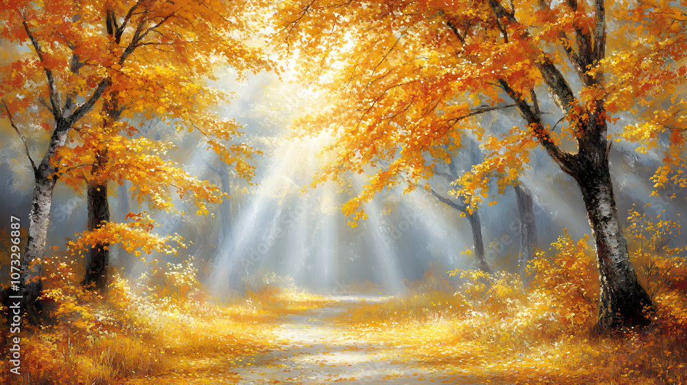 Poster a serene forest scene with golden autumn leaves, soft sunlight filtering through trees, creating a p