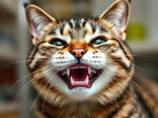 Portrait angry cat baring its teeth, metal teeth