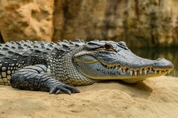 Fototapeta premium Crocodile Sunbathing on Riverbank in Natural Habitat