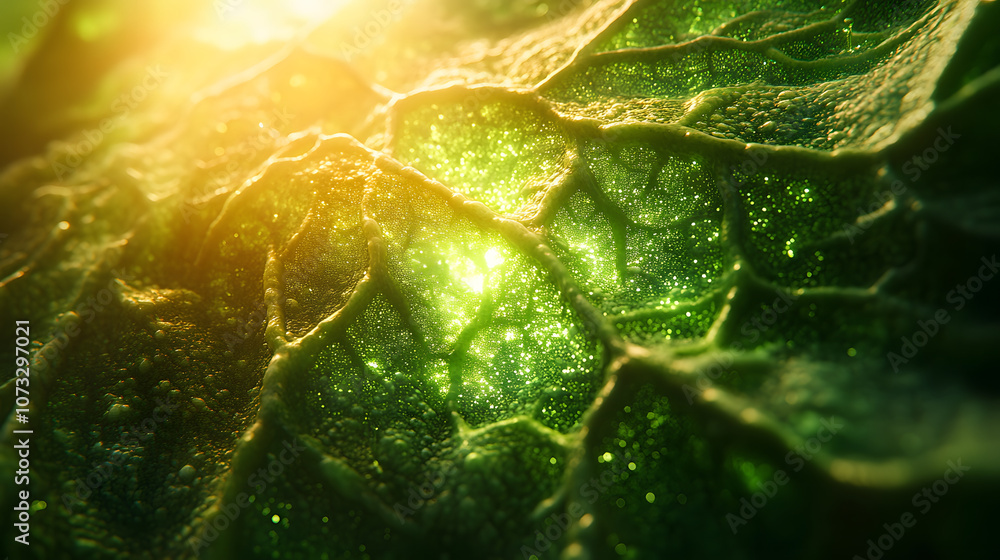 Poster A close-up of a green leaf illuminated by sunlight, showcasing intricate textures and glistening droplets of moisture.