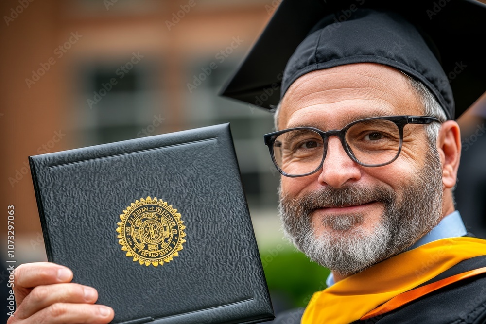 Poster hyper-realistic close-up of a graduateâ€™s hand holding a diploma, showing fine textures on the pape
