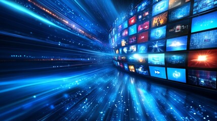 Streaming Data Tunnel Abstract Multimedia Background with Various Channels, Web TV Video Technology