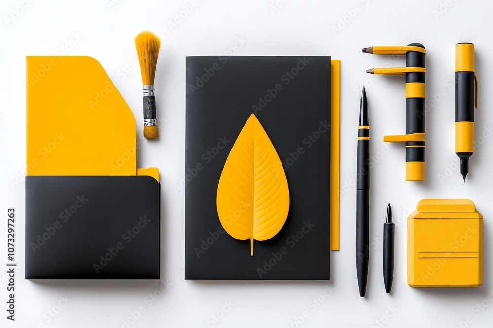 Aufkleber illustration of design tools and stationary arranged on a clean white background in a flat style