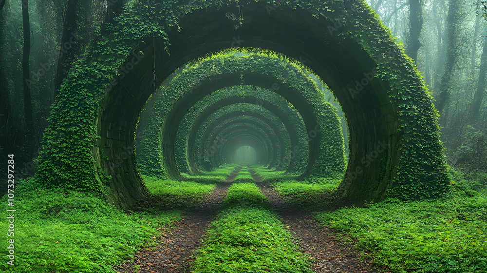 Poster a mystical forest pathway features lush green arches, creating an enchanting atmosphere that invites