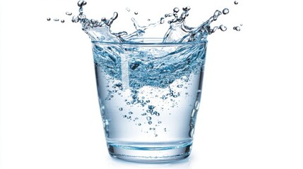 Elegant water splash, fluid motion frozen as droplets lift from a glass against a clean white backdrop
