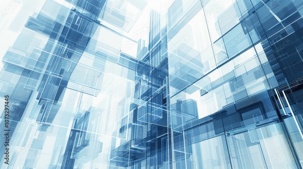 Poster abstract blue glass structures in a modern architectural style with transparent layers creating dept