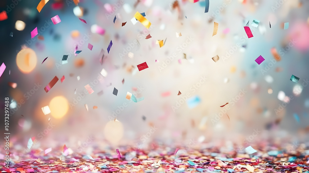 Poster A vibrant scene filled with colorful confetti falling softly against a blurred background, creating a festive and celebratory atmosphere.