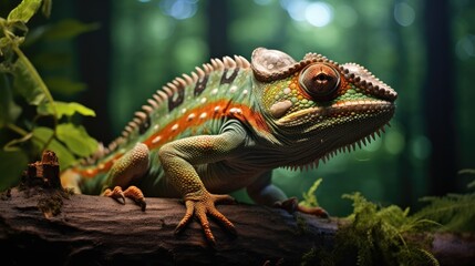 Fototapeta premium Green Chameleon on a Branch in a Lush Forest