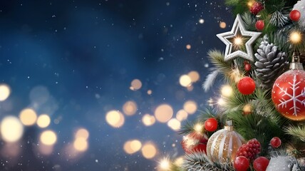 Obraz premium Festive Christmas Background featuring a decorated evergreen tree adorned with ornaments, pinecones, and a glowing star. Soft bokeh lights and a dark blue background add a magical touch