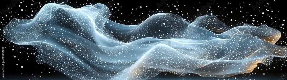 Poster a captivating abstract representation of flowing waves of translucent fabric interspersed with spark