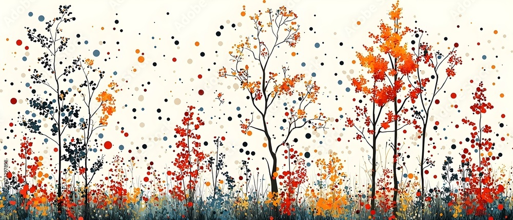 Poster A vibrant autumn landscape featuring minimalist silhouettes of trees in varying colors, complemented by colorful circles, creating a playful and artistic atmosphere.
