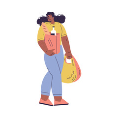 Woman Character Carry Shopping Bag from Grocery Store Vector Illustration