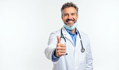 Fototapeta premium A doctor in a mask and bathrobe gives a thumbs up on a white background